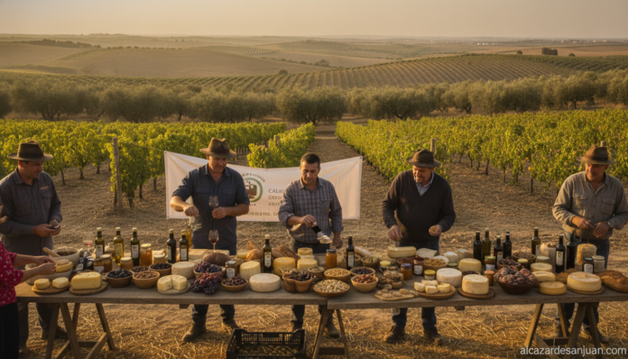 Realistic photojournalism scene: rural Castilian-La Mancha countryside landscape near Campo de Calatrava, olive groves and...