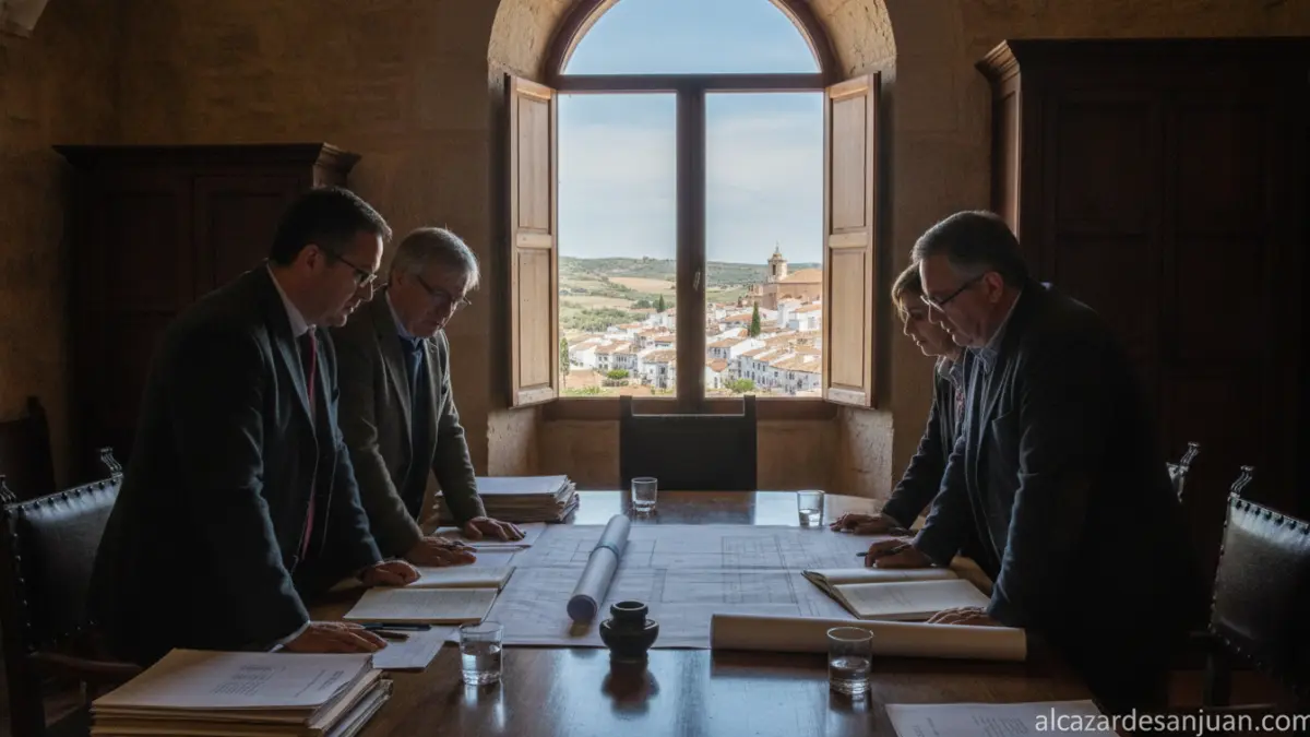 Realistic photojournalism scene: rural Spanish town hall meeting room, provincial government representatives reviewing arc...