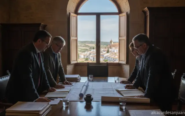 Realistic photojournalism scene: rural Spanish town hall meeting room, provincial government representatives reviewing arc...