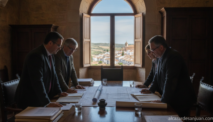 Realistic photojournalism scene: rural Spanish town hall meeting room, provincial government representatives reviewing arc...