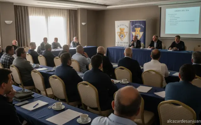 Realistic photojournalism style image of a football club general assembly meeting in a hotel conference room, members seat...
