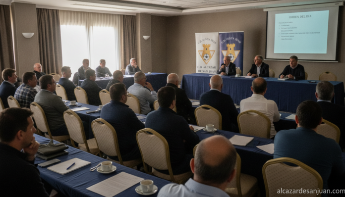 Realistic photojournalism style image of a football club general assembly meeting in a hotel conference room, members seat...