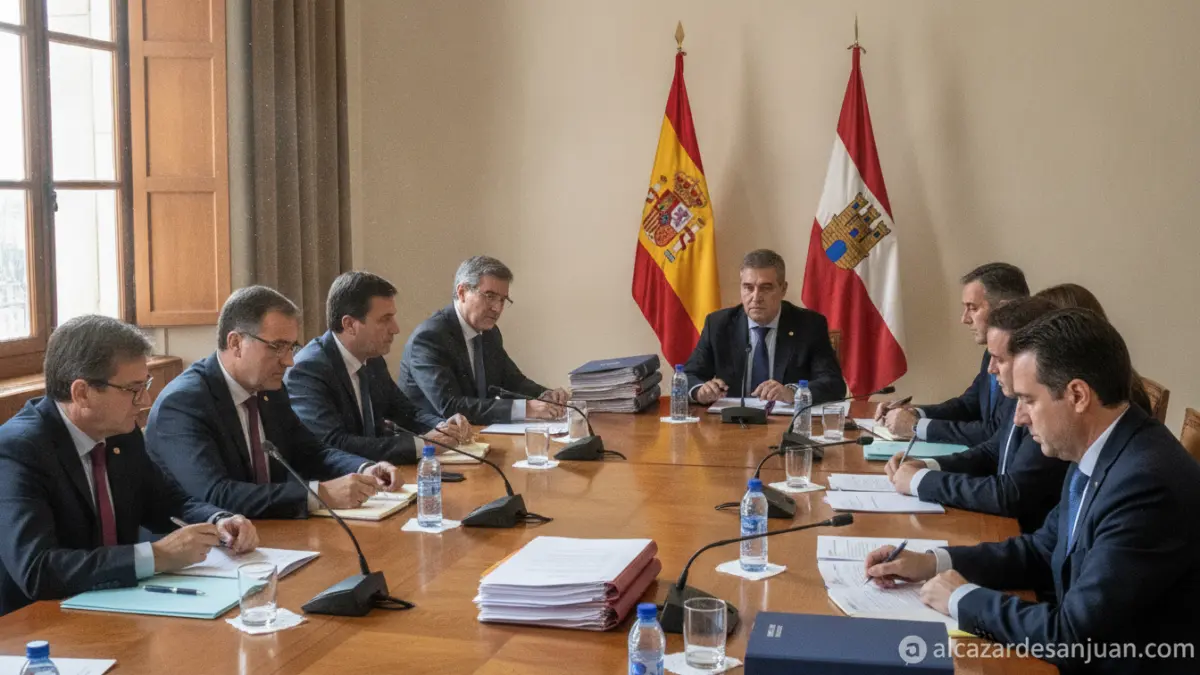 Realistic photojournalism style image of a formal negotiation meeting room in a regional Spanish government building, offi...
