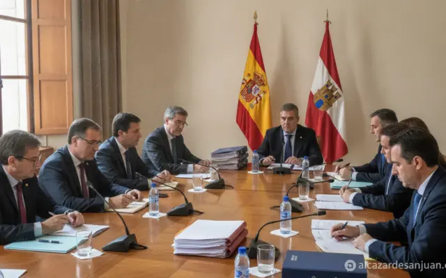 Realistic photojournalism style image of a formal negotiation meeting room in a regional Spanish government building, offi...