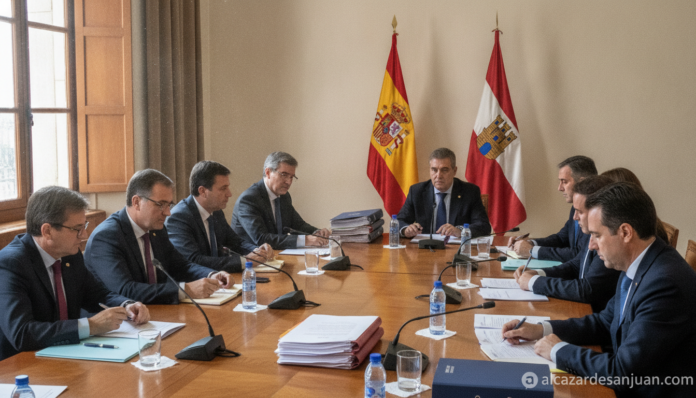 Realistic photojournalism style image of a formal negotiation meeting room in a regional Spanish government building, offi...