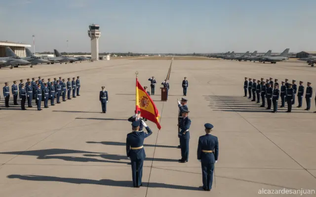 Realistic photojournalism-style image of a formal Spanish military ceremony at an air base, an outdoor change-of-command a...