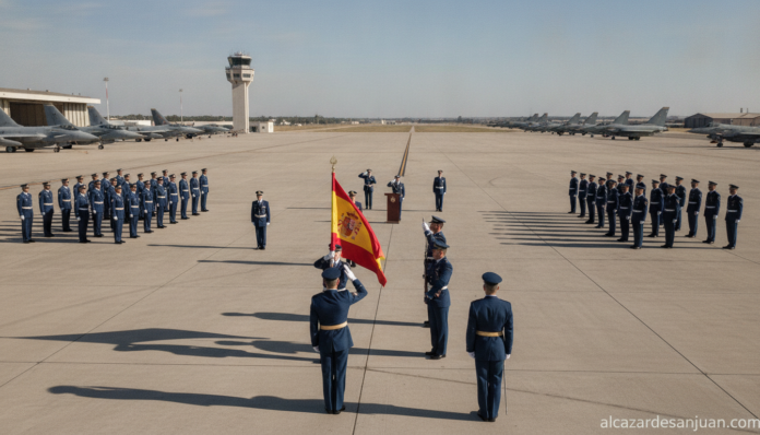 Realistic photojournalism-style image of a formal Spanish military ceremony at an air base, an outdoor change-of-command a...