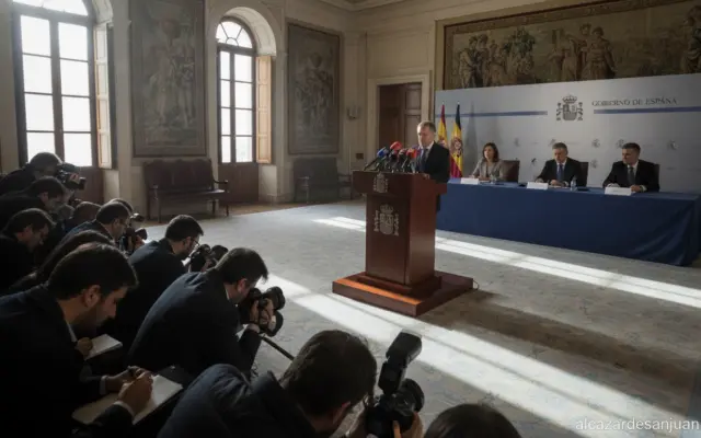 Realistic photojournalism style image of a government press conference room in Spain, a podium with microphones, journalis...