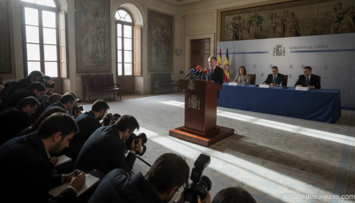 Realistic photojournalism style image of a government press conference room in Spain, a podium with microphones, journalis...