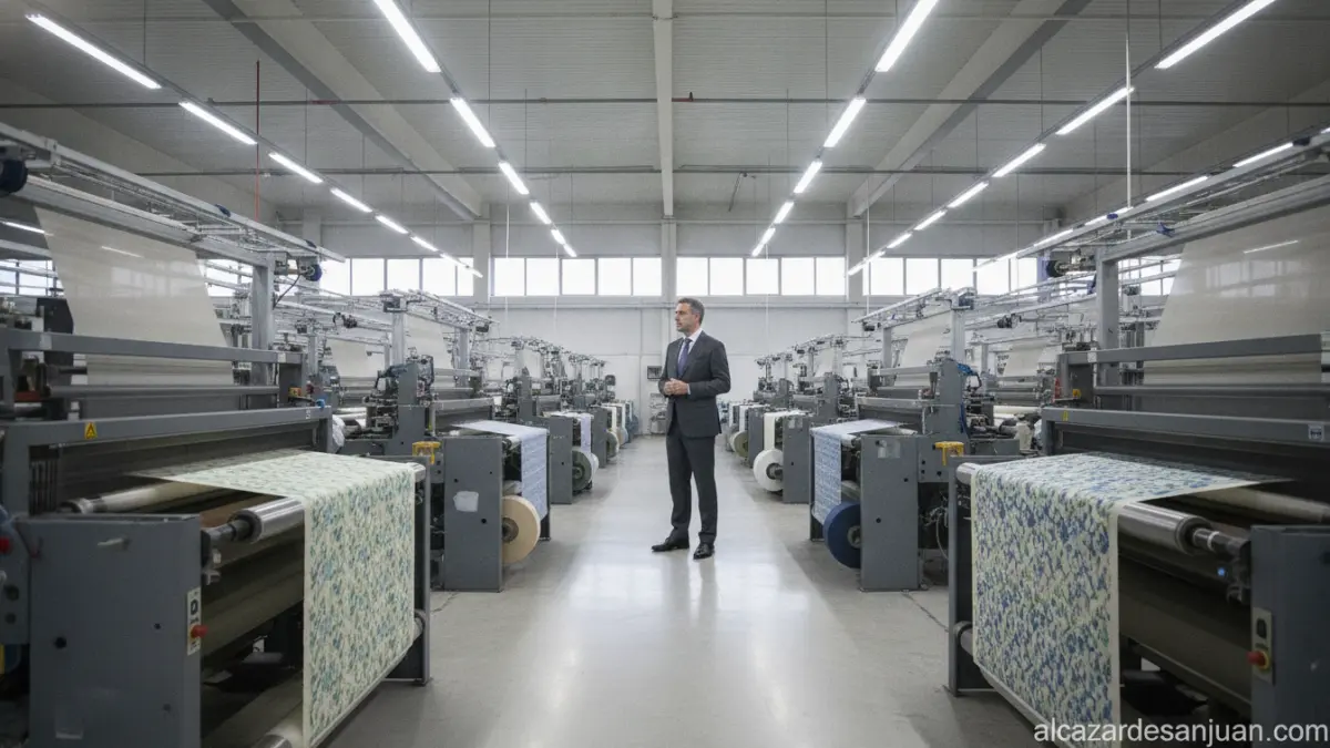 Realistic photojournalism-style image of a modern textile factory interior in Spain, industrial machinery producing fabric...