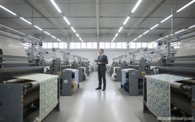 Realistic photojournalism-style image of a modern textile factory interior in Spain, industrial machinery producing fabric...