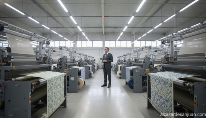 Realistic photojournalism-style image of a modern textile factory interior in Spain, industrial machinery producing fabric...
