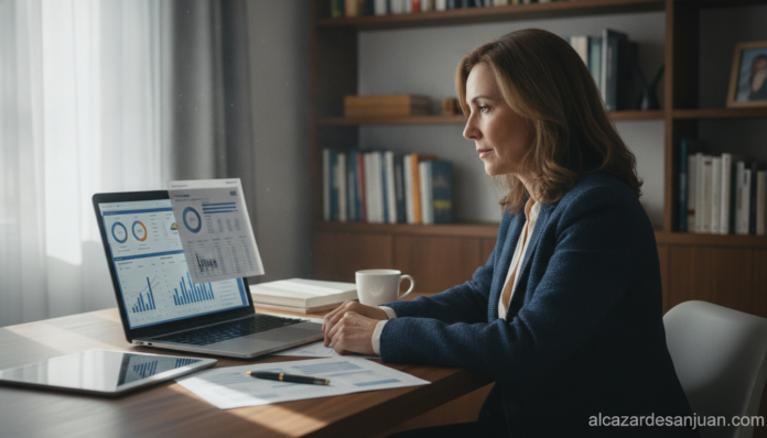 Realistic photojournalism style image of a woman in her 40s reviewing personal finance charts and investment documents on ...