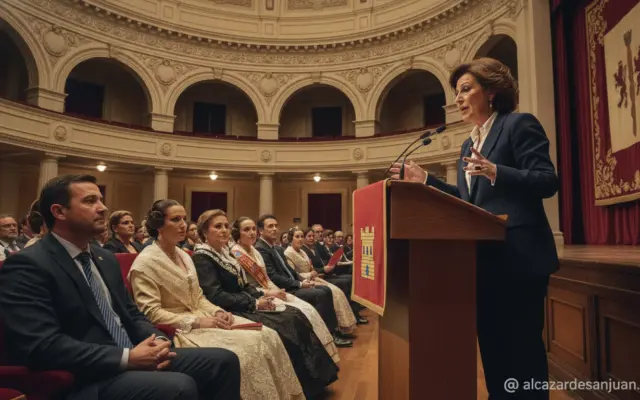 Realistic photojournalism-style image of a regional political leader giving a speech at a formal cultural gathering inside...