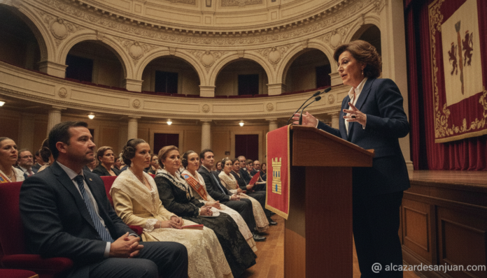 Realistic photojournalism-style image of a regional political leader giving a speech at a formal cultural gathering inside...