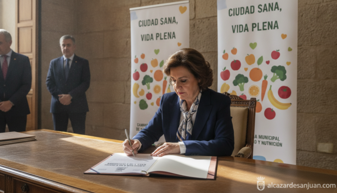 Realistic photojournalism style image of a Spanish mayor signing an official municipal adhesion document at a city hall de...