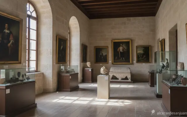 Realistic photojournalism-style image of the interior of a classic provincial museum in Spain, quiet exhibition hall with ...