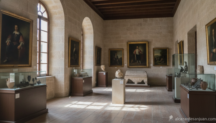 Realistic photojournalism-style image of the interior of a classic provincial museum in Spain, quiet exhibition hall with ...