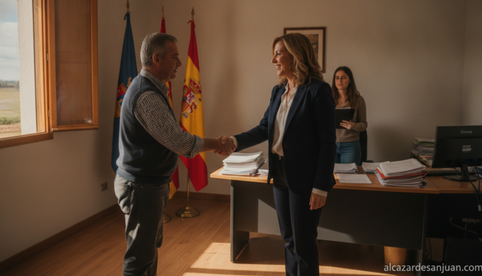 Realistic photojournalism style photo of a social services regional official visiting a small-town social services center ...