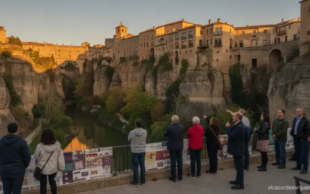 Realistic photojournalism style photo of the historic hanging houses (casas colgadas) skyline of Cuenca, Spain at golden h...
