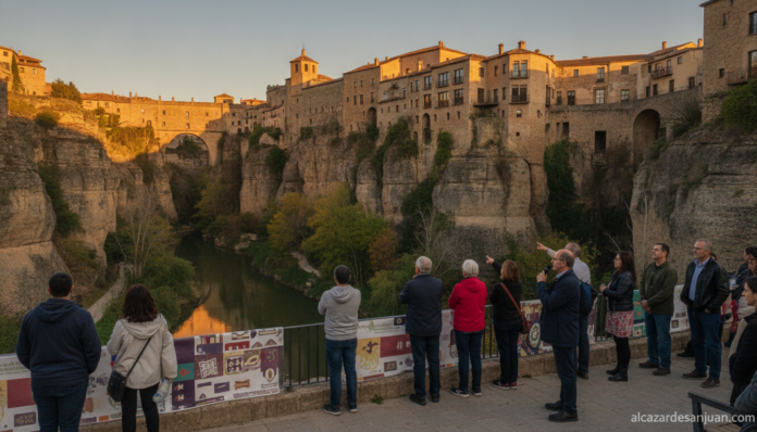 Realistic photojournalism style photo of the historic hanging houses (casas colgadas) skyline of Cuenca, Spain at golden h...