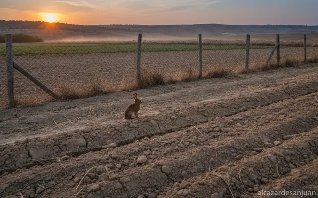 Realistic photojournalistic documentary shot of dry agricultural fields in La Mancha, Spain, at dusk, with a wild rabbit v...