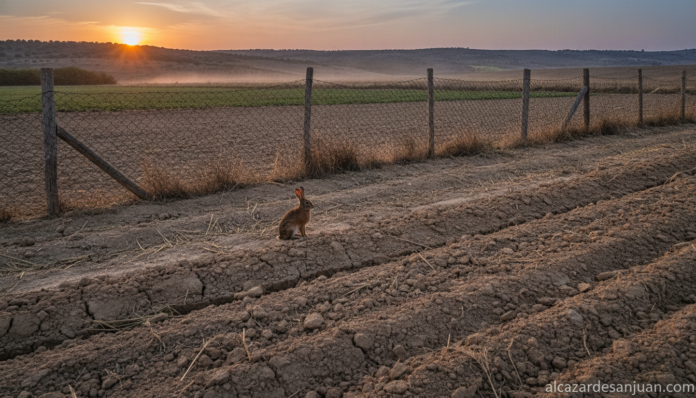 Realistic photojournalistic documentary shot of dry agricultural fields in La Mancha, Spain, at dusk, with a wild rabbit v...