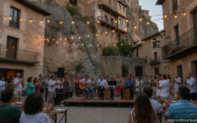Realistic photojournalistic evening shot of a historic Spanish old town plaza (Cuenca-style hanging houses architecture in...