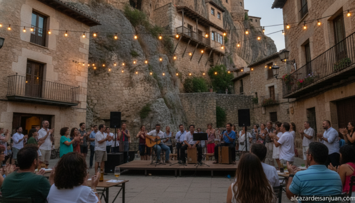 Realistic photojournalistic evening shot of a historic Spanish old town plaza (Cuenca-style hanging houses architecture in...