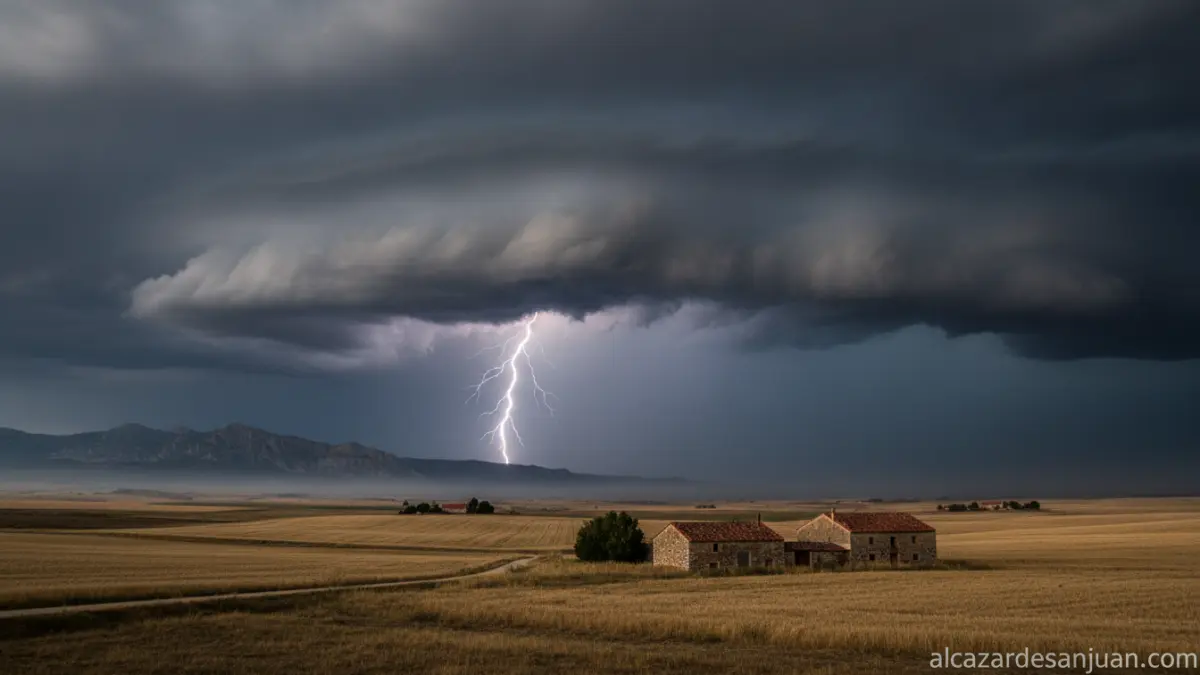 Realistic photojournalistic image of a dramatic storm sky with dark rain clouds and lightning over a Spanish rural landsca...