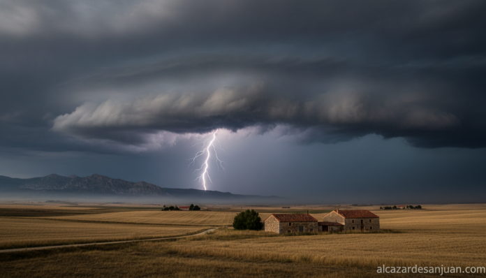 Realistic photojournalistic image of a dramatic storm sky with dark rain clouds and lightning over a Spanish rural landsca...