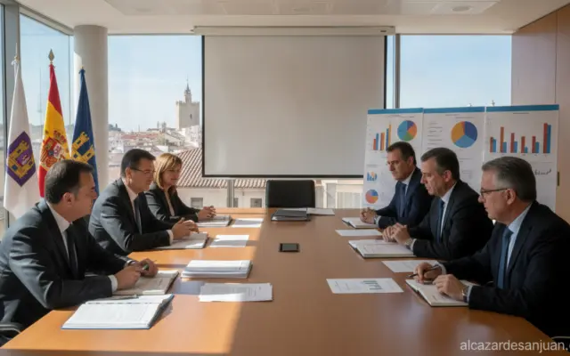 Realistic photojournalistic image of a regional government finance building or a working meeting scene representing region...