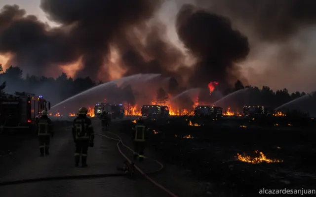Realistic photojournalistic image of firefighters and fire trucks battling a forest wildfire at dusk, smoke in the sky, so...