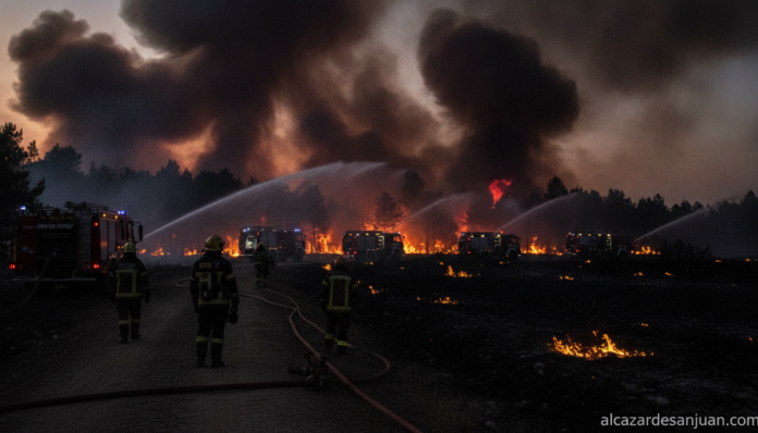 Realistic photojournalistic image of firefighters and fire trucks battling a forest wildfire at dusk, smoke in the sky, so...