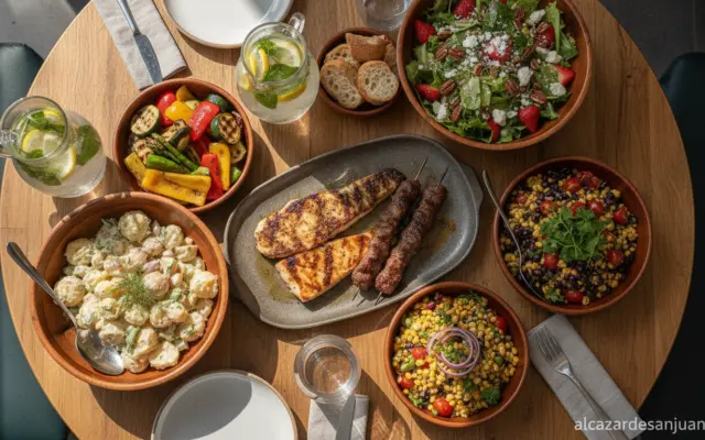 Realistic photojournalistic overhead shot of a summer restaurant table with fresh seasonal side dishes: grilled vegetables...