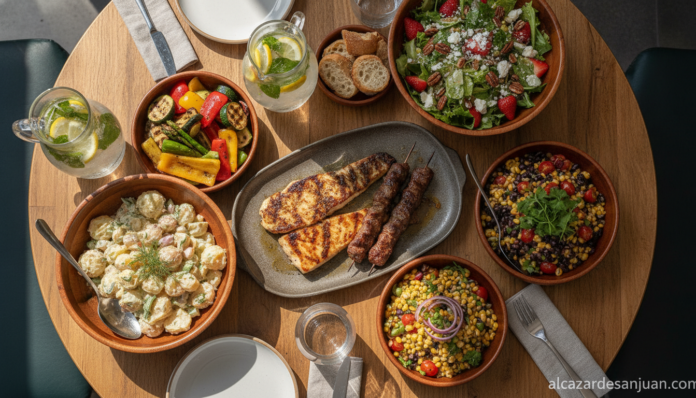 Realistic photojournalistic overhead shot of a summer restaurant table with fresh seasonal side dishes: grilled vegetables...