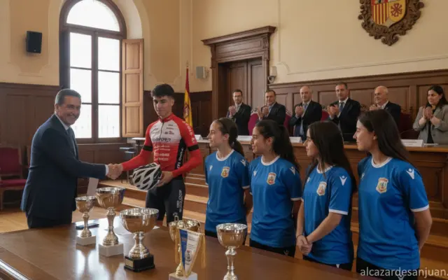 Realistic photojournalistic scene inside a Spanish town hall plenary hall (salón de plenos), a regional government officia...
