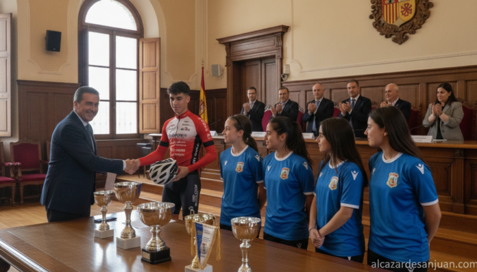Realistic photojournalistic scene inside a Spanish town hall plenary hall (salón de plenos), a regional government officia...