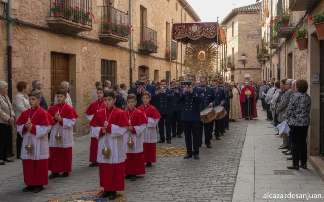 Realistic photojournalistic scene of a Corpus Christi religious procession through the historic streets of a Spanish ducal...