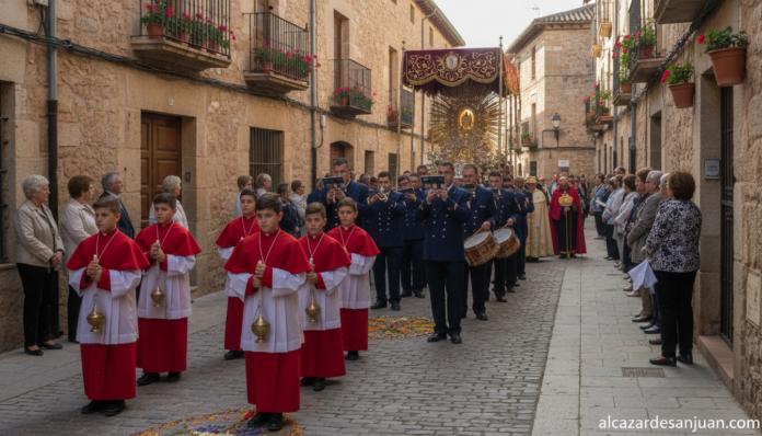 Realistic photojournalistic scene of a Corpus Christi religious procession through the historic streets of a Spanish ducal...