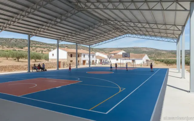 Realistic photojournalistic scene of a covered outdoor sports court (pista polideportiva cubierta) in a small Spanish rura...