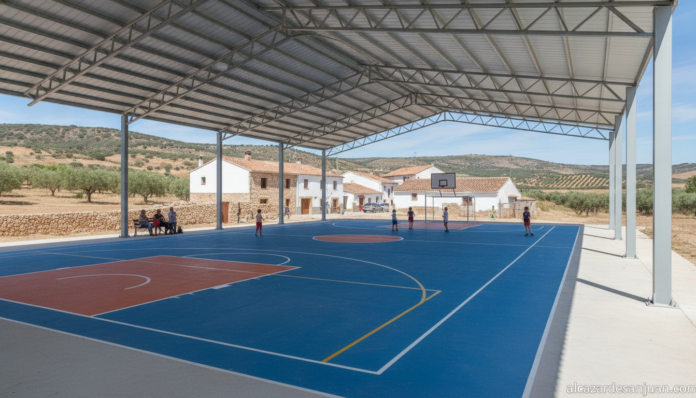 Realistic photojournalistic scene of a covered outdoor sports court (pista polideportiva cubierta) in a small Spanish rura...
