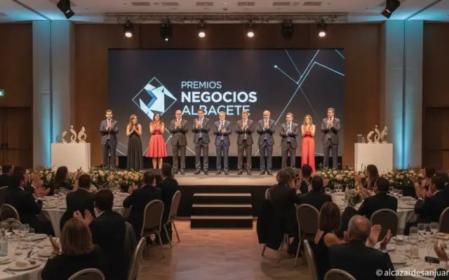 Realistic photojournalistic scene of a formal business awards gala in a conference hall in Albacete, Spain, businesspeople...