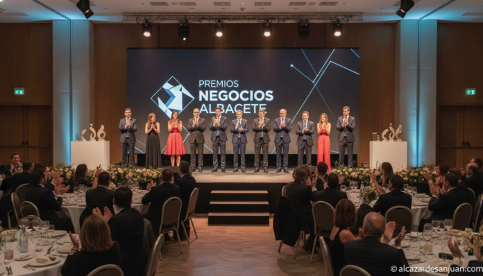 Realistic photojournalistic scene of a formal business awards gala in a conference hall in Albacete, Spain, businesspeople...