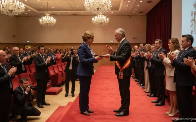 Realistic photojournalistic scene of a formal institutional award ceremony in Spain, a regional government official receiv...