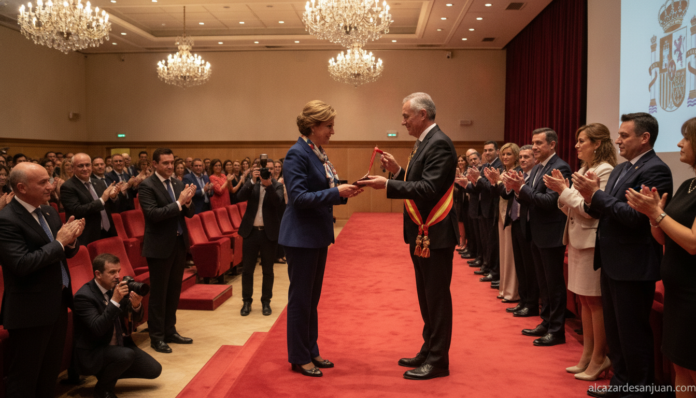 Realistic photojournalistic scene of a formal institutional award ceremony in Spain, a regional government official receiv...