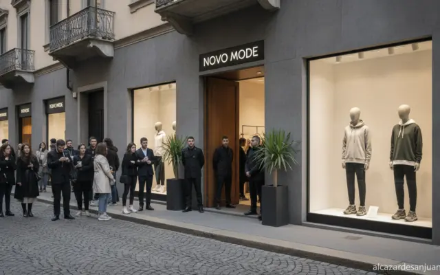 Realistic photojournalistic scene of a modern fashion storefront opening in Milan, Italy, minimalist streetwear boutique f...