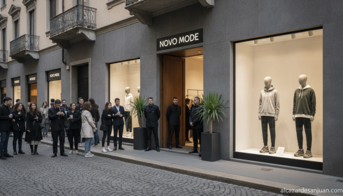 Realistic photojournalistic scene of a modern fashion storefront opening in Milan, Italy, minimalist streetwear boutique f...
