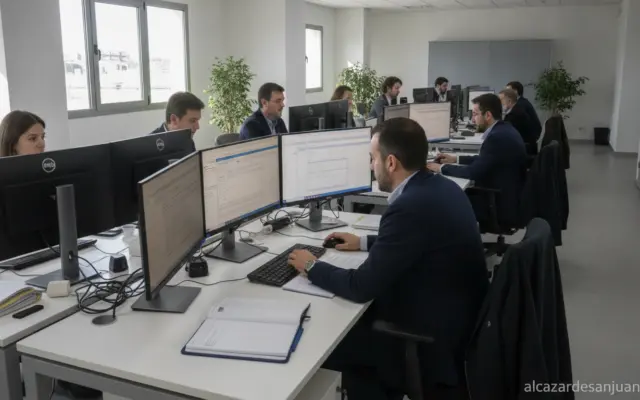 Realistic photojournalistic scene of a modern Spanish regional government office, civil servants working with digital admi...