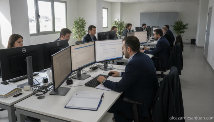 Realistic photojournalistic scene of a modern Spanish regional government office, civil servants working with digital admi...